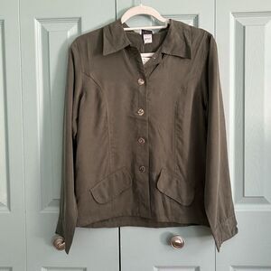 Toofan Womens Tencel Button Front Blouse Small Olive Green Boho Hippie